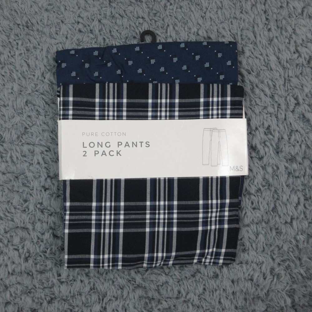 Marks & Spencer M&S Lounge Pajama Pants 2 Pack Mens Blue Navy Plaid Cotton NWT
